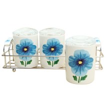 엘케이메이드 수채화 블루 도자기 밀폐 양념통 세트, 1세트, 양념통 3p + 거치대