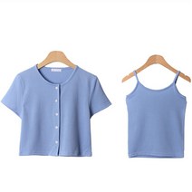 더키아 라운드넥 골지 크롭 나시 + 반팔 가디건 세트 cpset2707k34