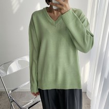오오엘 여성용 루즈핏 데일리 파스텔 심플 베이직 퍼스널 브이넥 니트