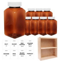 홈앤라이프 갈색 사각 PET 양념통 흰색 캡 200ml x 8p + 흰색 스티커 8p + 사각 선반 세트, 1세트, 양념통 사각 8p + 흰색 스티커 8종 + 사각 2단 선반