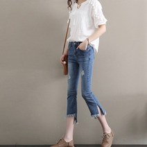 공블리 여성용 7부 슬림 찢어진 스판 청바지 CSP1001-1