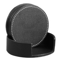 마켓피오 PU가죽 라운드 티코스터 6p + 보관함 세트, 블랙