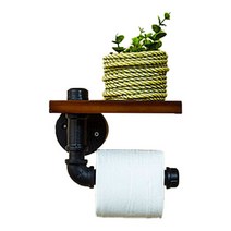 인더스트리얼 인테리어 파이프 우드 무타공 휴지걸이, 블랙, 1개