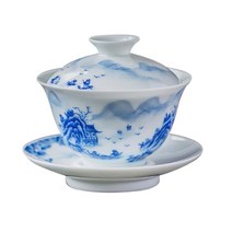 청화 유수 개완 찻잔, 화이트 + 블루, 1개