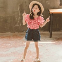 미소파파 여아용 원더랜드 레드 깅엄 데님 상하 바지세트