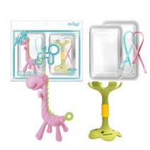 앙쥬 치발기 2종 세트, 노꼭지, 기린 핑크, 입술 그린, 랜덤발송(실리콘클립)