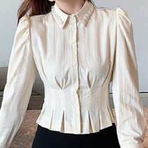 페이퍼먼츠 넥카라 진주 장식 퍼프소매 허리 주름 블라우스 01231