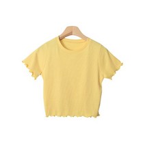 시크블랙 여성용 나니레 크롭 라운드넥 물결 반팔 티셔츠 T9155K23