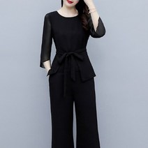 아뗄릭 라운드넥 허리리본 블라우스 + 부츠컷 롱 팬츠 투피스 세트 00863