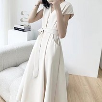 페이퍼먼츠 브이넥 허리 리본 플레어 롱 원피스 01737