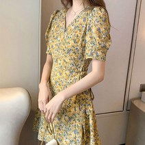 풍깍쟁이 플라워 사이드 리본 레트로 슬림 원피스