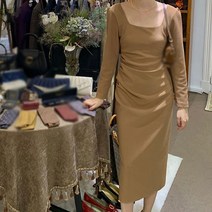 페이퍼먼츠 스퀘어넥 허리셔링 뒷트임 모던 긴팔 원피스 02499