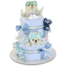 베이비베이커리 트윈곰돌이 기저귀케익 2단 쌍둥이 신생아 남남, 블루
