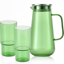 리본제이 플로라 내열 유리 물병 1.5L + 유리컵 480ml x 2p 세트, 그린