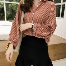 셀레네 여성용 슬리브 격자 포인트 블라우스