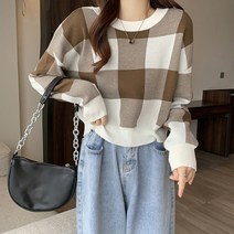 레몬소울 여성용 로블 라운드 체크배색 니트티