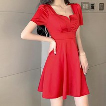 다담패키지 여성용 스퀘어넥 포인트 브이넥 플레어 미니 원피스 HR737