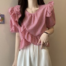 메이첼 빅사이즈 사선 프릴 체크 반팔 블라우스 02460