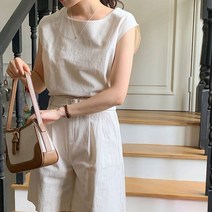 플랜데이 여성용 린넨 나시 버뮤다 팬츠 상하의 투피스 벨트 세트