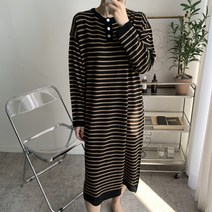 츄즈츄즈 여성용 오버 루즈핏 단가라 버튼단 OPS 스트라이프 롱 원피스