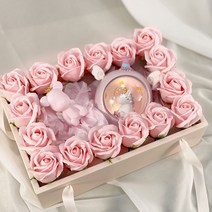 이플린 장미 비누꽃 선물상자 투명 사각 손잡이형   봉투 세트, 핑크