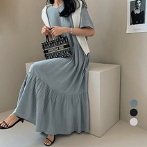 아뗄릭 라운드넥 주름 3단 루즈 롱 원피스 00074