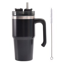 파스텔 스텐 보온 보냉 빨대 텀블러 + 빨대 청소솔, 600ml, 블랙