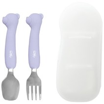 티지엠 휴대용 실리콘 스텐 곰돌이 스푼 앤 포크 + 케이스, 애쉬 블루, 스푼 + 포크 + 케이스, 1세트