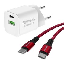 스타쉴드 30W GaN USB PD PPS 멀티 고속충전기 + 60W PD C to C 고속충전 케이블 1.2m 세트, 1세트, 화이트(충전기), 레드(케이블)