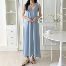 티탁 여성용 빅사이즈 데일리 루즈핏 유넥 무지 민소매 A라인 스판 롱원피스