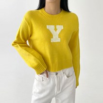플랜데이 여성용 비비드 컬러 알파벳 레터링 라운드 크롭 니트