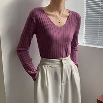 레몬소울 여성용 마토 골지 브이넥 니트티