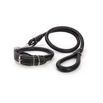 레오펫 반려견 중대형견 가죽 라운드 로프 목줄 + 리드줄 세트 M, 블랙, 1개