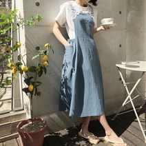 빼빼 여성용 스퀘어넥 오버롤 밴딩 린넨 롱원피스