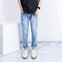 남성용 더간지 슬림핏 밴딩 디스트로이드 데님팬츠