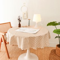 레트로 깅엄 체크 원형 방수 식탁보, 레트로 베이지, M(137cm)