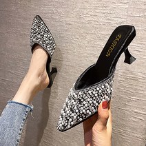 PDS패션 럭셔리 보석 브이 하프 미들힐 슬리퍼