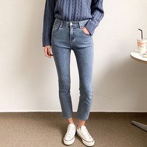 헤이진 여성용 허리 밴딩 슬림 일자 데님팬츠