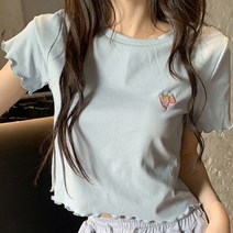 선빛정보통신 여성용 투스트로 크롭 루즈핏 프릴 딸기 티셔츠