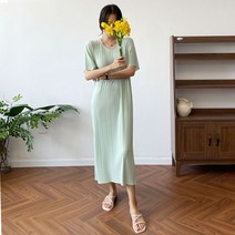 플랜데이 썸머 플리츠 주름 브이 반팔 롱 원피스