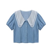 비엔엑스 더블카라 진주단추 데님 블라우스