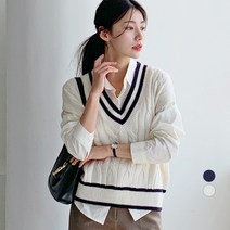 보에리에 여성용 꽈배기 브이넥 배색 니트 조끼