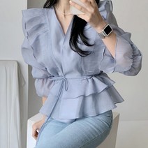 페이릿 여성용 브이넥 프릴 부각 블라우스