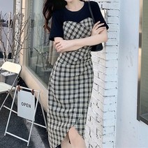 여성용 블랙 101 테키로 체크 배색 언발 롱 원피스 CH-2319899