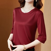 여성용 MA 글로시 라운드넥 미시 7부 티셔츠