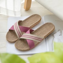 왕골 라탄 크로스 스트라이프 여름 슬리퍼, 인디핑크