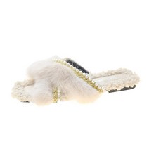 여성용 진주 트윙클 크로스 양털 인조 퍼 뮬 슬리퍼