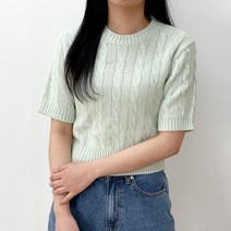소라해 여성용 프라 라운드넥 꽈배기 세미크롭 반팔 니트
