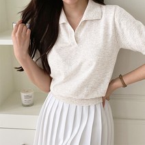 레몬소울 여성용 홀빙 카라 반팔 니트티