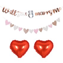 조이파티 Will you marry me 캘리그래피 가랜드 + 글리터하트 가랜드 + 하트 은박풍선 2p 세트, 로즈골드(가랜드), 레드(은박풍선), 1세트